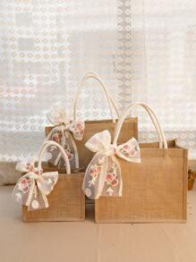 1pc Burlap Tote Bag With Lace Ribbon And Handle Shopping Bag,Beach Bag Holiday Gift For Loved Ones Jute Gift Handbags For Wedding ,Bridesmaid,Grocery Shopping,Women Brithday Party