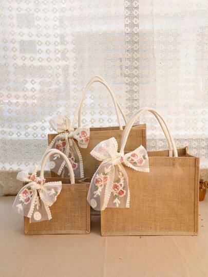 1pc Burlap Tote Bag With Lace Ribbon And Handle Shopping Bag, Beach Bag Holiday Gift For Loved Ones Jute Gift Handbags For Wedding, Bridesmaid, Grocery Shopping, Women Birthday Party