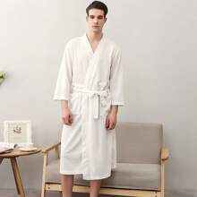 1pc Same Style For Men And Women Bathrobe, Simple Long Bathrobe, Solid Color Long Robe For Home, With Belt - V-Neck Casual Polyester Nightwear For All Seasons, Bathroom Supplies, Sauna Kilt Spa Sauna Wrap Summer Wedding Home Bathroom Decor Back To School - trắng - Xem 3