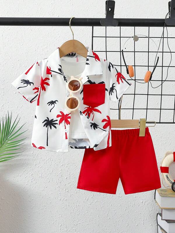 Conjunto de camisa e shorts de manga curta com estampa de palmeira casual para bebês meninos, adequado para férias de verão
