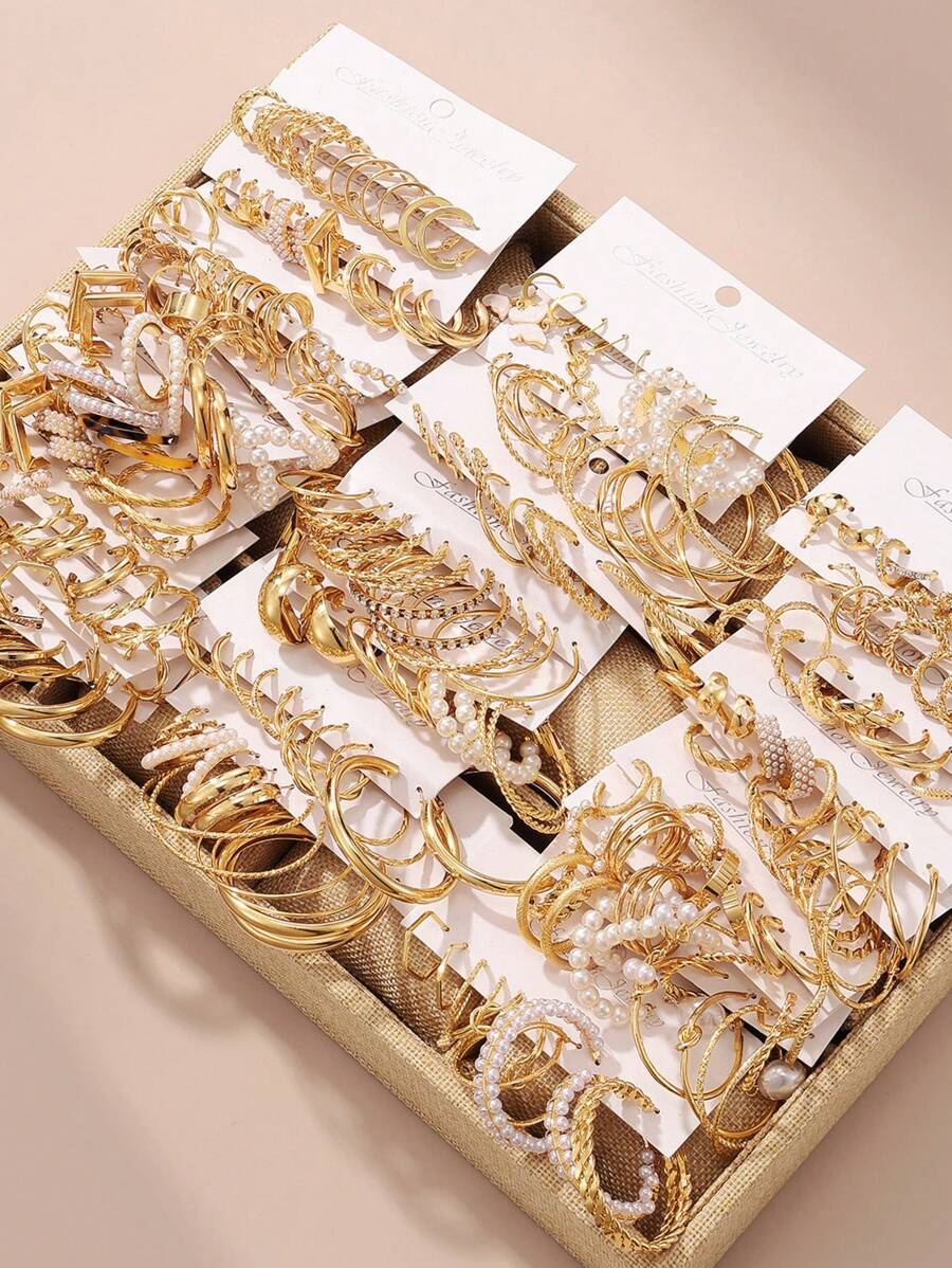 Fashionable 72pcs Simple Zinc Alloy Earrings Set, Random Mix & Match, Featuring Geometric Heart And Butterfly Patterns, Suitable For All Occasions And Daily Wear. - Gold - View 1