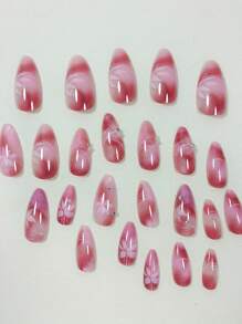 Minimalism Chinese Cute Marble Pattern Red Gradient White Flowers Silk Ribbon Handmade Rhinestone 24pcs Medium-Long Almond-Shaped Wearing Acrylic False Nails Set For Students, Office Ladies, Parties, Dancing, Dating And Daily Wear Press On Nails Nail Supplies