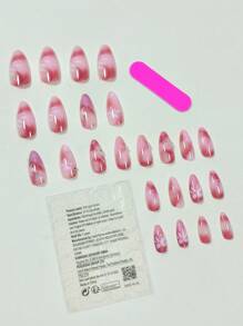 Minimalism Chinese Cute Marble Pattern Red Gradient White Flowers Silk Ribbon Handmade Rhinestone 24pcs Medium-Long Almond-Shaped Wearing Acrylic False Nails Set For Students, Office Ladies, Parties, Dancing, Dating And Daily Wear Press On Nails Nail Supplies