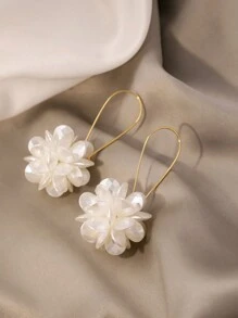 1 Pair Of Exaggerated Design Long Flower Ball Bride Earrings,High-Grade White Petal Geometric Ear Studs Light Luxury Style Ear Jewelry Halloween