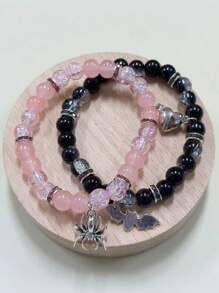 2 Pcs Of Spider + Bat Pendant Fashion All-Match Magnetic Attractive Pendant Beaded Elastic Adjustable Couple Bracelets