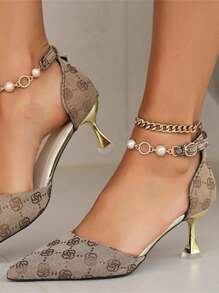 Women Rhinestone Chain Decorated New Summer Shoes Pointed Toe Printed Fashionable High Heel Hollow Out Stiletto Sandals With Ankle Buckle Strap