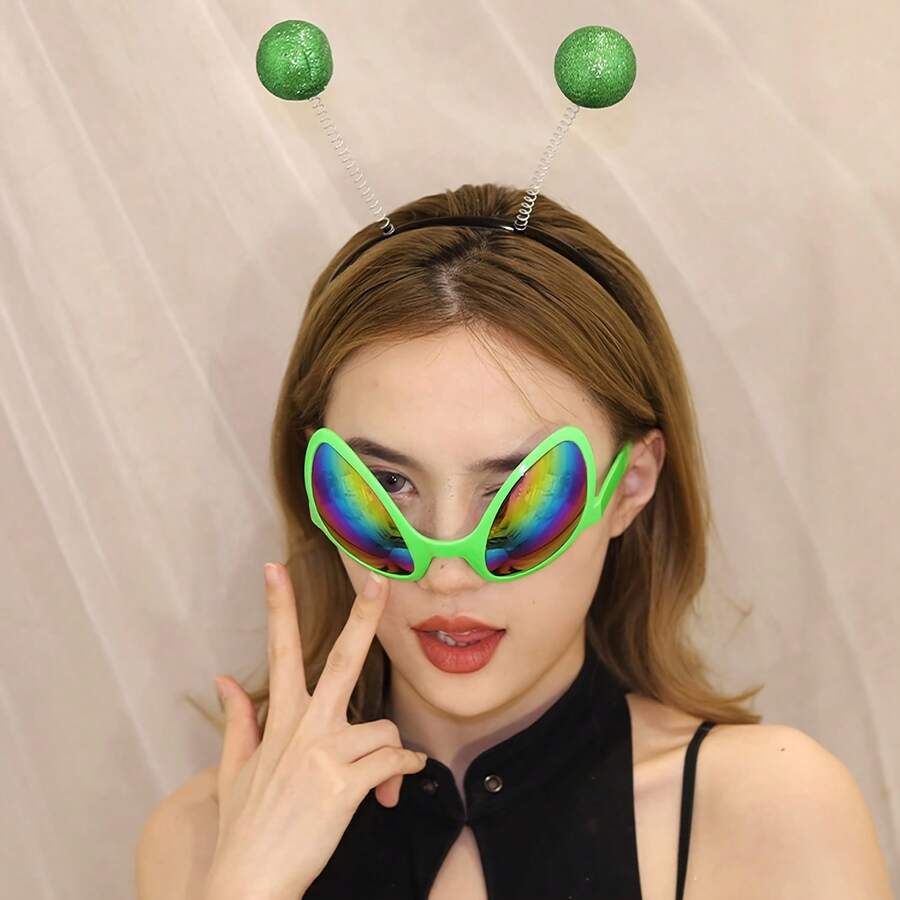2pcs, Alien Costume Accessories, Alien Antenna Headband Rainbow Lens Glasses, Outer Space Themed Cosplay Props, Halloween Hairband Shading Mirror Novelty Makeup Costume Accessories - Multicolor - View 1