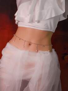 1件装女士水钻和仿珍珠吊坠链条腰带，适合街头、万圣节、情人节、夏季、学校、秋季等场合。 - 銀色 - 查看 3