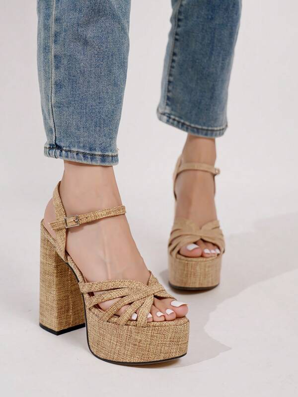 Fashionable Casual Canvas Apricot Spring/Summer Chunky Heels Waterproof Platform High Heel Sandals For Women