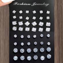 12pcs/24pcs/36pcs Simple Cubic Zirconia Stud Earrings Set, Unisex Casual Everyday Accessories Gift - Silver - View 12