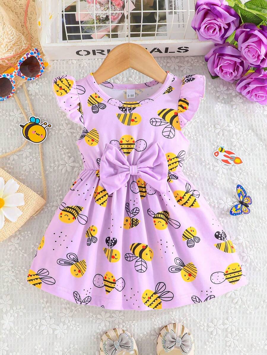 Baby Girl Summer Cap Sleeve Dress With Cute Little Bee Pattern And Exquisite Bow Tie
