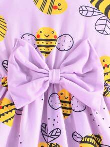 Baby Girl Summer Cap Sleeve Dress With Cute Little Bee Pattern And Exquisite Bow Tie