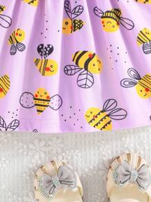Baby Girl Summer Cap Sleeve Dress With Cute Little Bee Pattern And Exquisite Bow Tie