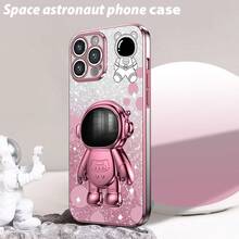 閃粉紙 + 手繪太空人 + 太空人支架手機殼，新電鍍防摔技術，防摔手機殼，適用於 Apple 11/12/13/14/15promax Samsungs22/23/24+UA04/A05/A14/A15/A24/A25/A34/A54S Xiaomi OPPO VIVO Redmi Note 13c + 一套完整的手機殼。 - 粉色 - 查看 5
