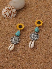 1對波希米亞浪漫而熱情的黃色向日葵天然石頭、貝殼和海星組合海洋風主題耳環，適合女士的海灘度假和休閒穿著 - 彩色 - 查看 2