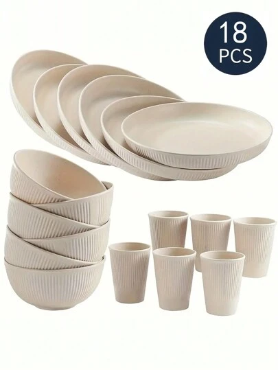 1/3/18 szt. Wielokrotnego użytku i niezniszczalny beżowy plastikowy zestaw obiadowy, w tym talerze, miski i kubki, idealny do domu, kuchni, kempingu na świeżym powietrzu, imprezy lub podróży, kuchni, prezentu świątecznego, artykułów szkolnych