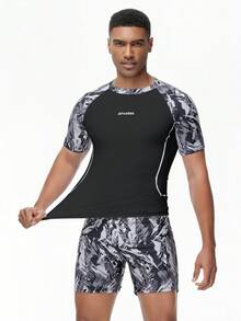 1pc Boyfriend Style Men's Two Pieces Color Block Athletic Rash Guard Swimwear Set For Swimming Pool, Beach, Indoor And Outdoor Swimming, Diving, Surfing, Running And Training - Black - View 3