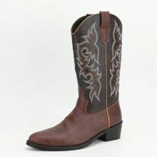 Men Pointed Toe Vintage Embroidered High Top Boots, Fashionable Desert Western Boots - 棕+咖 - 查看 5