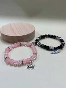 2 Pcs Of Spider + Bat Pendant Fashion All-Match Magnetic Attractive Pendant Beaded Elastic Adjustable Couple Bracelets