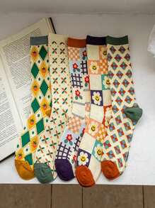 5 Pares de calcetines para mujeres con estampado de flores multicolores y de fresas, calcetines de moda absorbentes de la humedad que combinan con calcetas tubulares para mujeres, adecuados para uso diario