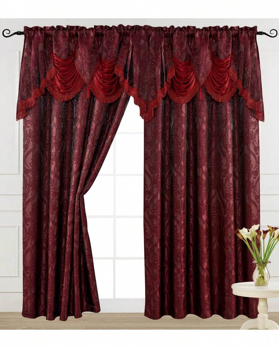 Luxury Fancy Jacquard Design Room Darkening Curtain Panel With Attached Waterfall Valance, 54 By 84-Inch Solid Plain Colors Rod Pocket Modern Semi Blackout For Living Room Bedroom And Dining Room - 酒紅色 - 查看 1