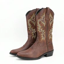 Men Pointed Toe Vintage Embroidered High Top Boots, Fashionable Desert Western Boots - 棕色 - 查看 1