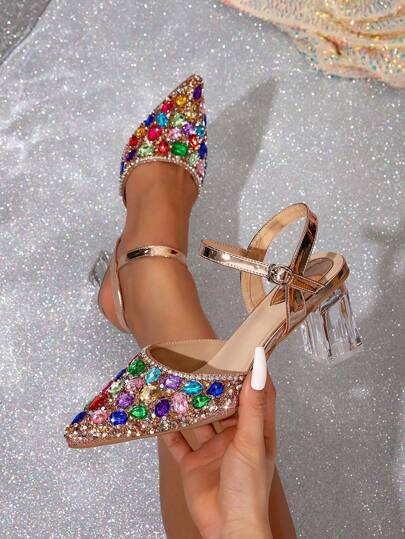 كعب عالي للنساء مزين بالراين ستون والكريستال، تصميم رؤوس مدببة بحذاء مقطوع من الخلف، مريح مقاوم للانزلاق، موضة أناقة للحفلات والبنكيتات ، حذاء كعب كريستال برباط للربيع والصيفرمضان