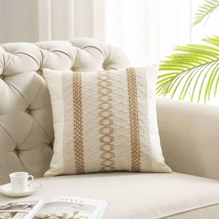 1 件波西米亚亚麻方形枕套，装饰性腰枕套，柔软舒适的汽车靠垫套，用于床上用品家庭卧室客厅沙发装饰枕套，18*18 英寸（仅枕套） - 卡其網格 - 查看 1