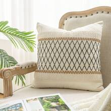 1 件波西米亚亚麻方形枕套，装饰性腰枕套，柔软舒适的汽车靠垫套，用于床上用品家庭卧室客厅沙发装饰枕套，18*18 英寸（仅枕套） - 卡其網格 - 查看 4