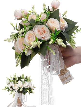 1 pezzo Bouquet di rose artificiali, Bouquet nuziale con rose Champagne per damigelle, Bouquet da sposa in pizzo e raso di seta, Bouquet di proposte, Festa di matrimonio e Bouquet da lancio