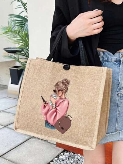 1pc Simple Flower Name Printing Linen Handbags, Simple Travel Bags, Large-Capacity Travel Packaging Bags, Multi -Functional Portable Handbags, Thank You Teacher Lust Bags, Gifts, Portable Leisure Storage Bags Side Bags Bag Gifts Travel Essentials Summer Holiday School