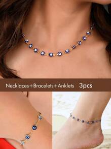 2pcs/Set Choice Of All Evil Eye Choker Necklace And Bracelet Set For Women Blue Evil Eye Bracelets For Girls,Stainless Steel With 18k Gold Plating