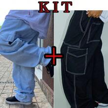 KIT 2 Calças cargo,  jeans clara dazzling com Cinza OU preta contraste oversized SARJA - Preto e Branco - Visão 1