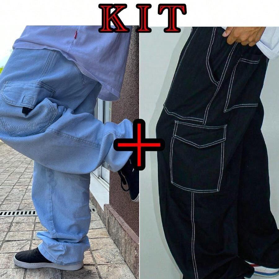 KIT 2 Calças cargo,  jeans clara dazzling com Cinza OU preta contraste oversized SARJA - Preto e Branco - Visão 1