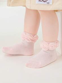 6 Pairs/Set Baby Girls" Socks, Solid Color Ruffled & Lace Edge Mesh Breathable Short Socks, Suitable For Daily Wear Or Matching With Skirts