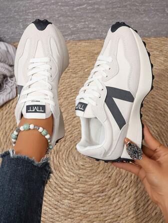 Chunky Sneakers Women Vintage Chunky Lace-Up Sneakers Thick Sole Running Shoes, Versatile White Shoes For Women