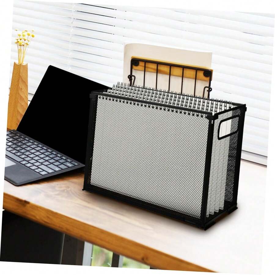 File Sorting Rack File Storage Rack Desktop File Container Wall Mounted File Rack Mail Sorter Desktop Storage Rack Mesh File Organizer Book Grid Office Tray - Black - View 1