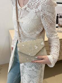Fashionable Splicing Woven And Embroidered Flip Small Square Bag Mini Crossbody Bag - Khaki - View 4