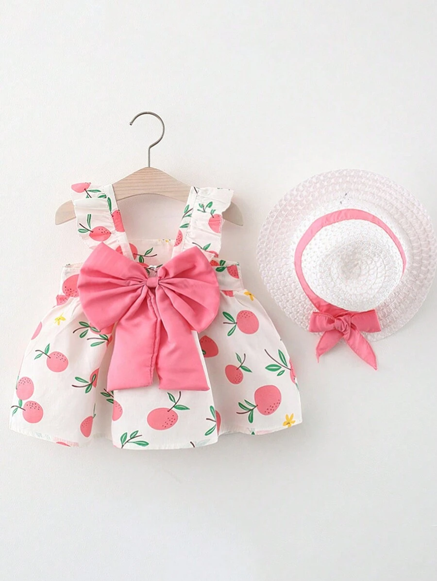 H HIBOBI Young Girl 2pcs/Set Summer Sleeveless Floral Dress With Bowknot And Hat (Hat With Elastic Rope) - Hot Pink - View 1