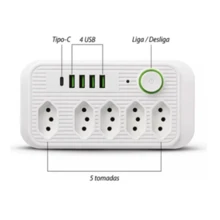 Extensão Filtro De Linha Segurança 5 Tomadas 4 Usb E Usb C - Entrada do Brasil (127V) - Visão 2