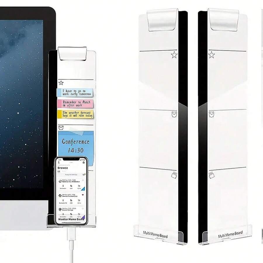 1入組辦公桌配件和2入組電腦螢幕便條板，多功能訊息板，創意透明螢幕側面板，帶便利貼和手機座，適用於辦公室和家庭工作空間 - 透明 - 查看 1