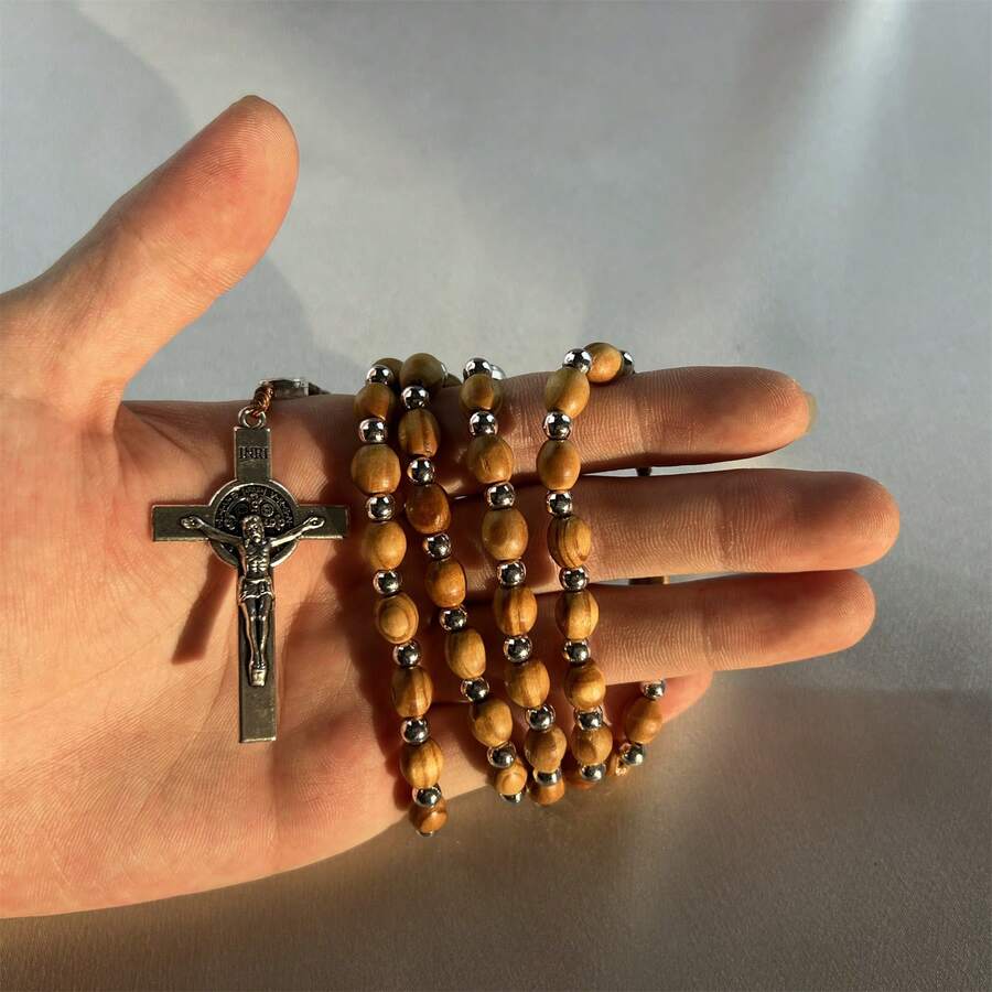 Collar de cuentas de madera católica - cuentas de madera tallada con cruz de Jesús y Padre Nuestro - recuerdos sólidos de bautizo con cuentas de madera - regalo católico - Multicolor - Ver 1