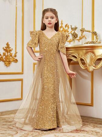 Paljett V-ringad sjöjungfruklänning, kort volangärm, mesh skarvkant - Golvlång, åtsittande glittrande pärlprydd aftonklänning, lämplig för speciella tillfällen
