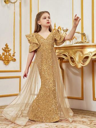 Sequin V-Neck Mermaid Party Dress, Short Ruffle Sleeve, Mesh Splice Hem - Floor Length Fitted Sparkling Beaded Evening Gown, Suitable For Special Occasions