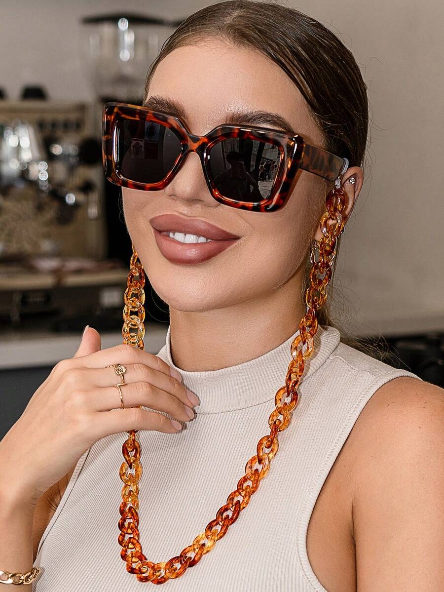Vintage Square Oversized Chunky Frame Plastic Sunglasses Men Women Stylish Classic Decoration Outdoor Travel Beach Vacation UV Protection Eyewear + Leopard Print Stylish Eyeglass Chain - Multicolor - View 1