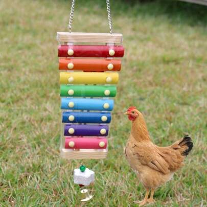 Kycklingleksak, träxylofon, färgglada hönshustillbehör i metall, hängande kedja, används för att hacka och mala, med kalciumtillskott