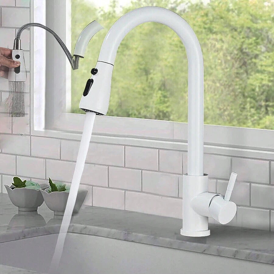 Kitchen Sink Taps Mixer With Pull Out Spray 360° Swivel 3 Spray Modes Kitchen Faucet-White - White - View 1