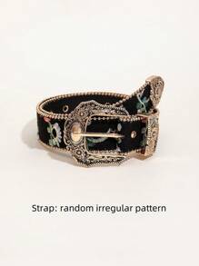 Boho 1pc Asymmetrical Western Style Belt With Random Rose Shaped Buckle For Women, Printed Halloween Summer, School Fall, Autumn, Halloween