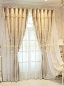 1pc New Embroidered Sheer Curtains, Double-Layered, Suitable For Living Room And Bedroom, Simple Country Style Drape For Bay Window