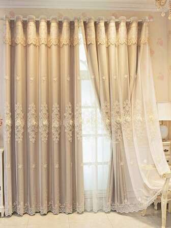 1pc New Embroidered Sheer Curtains, Double-Layered, Suitable For Living Room And Bedroom, Simple Country Style Drape For Bay Window